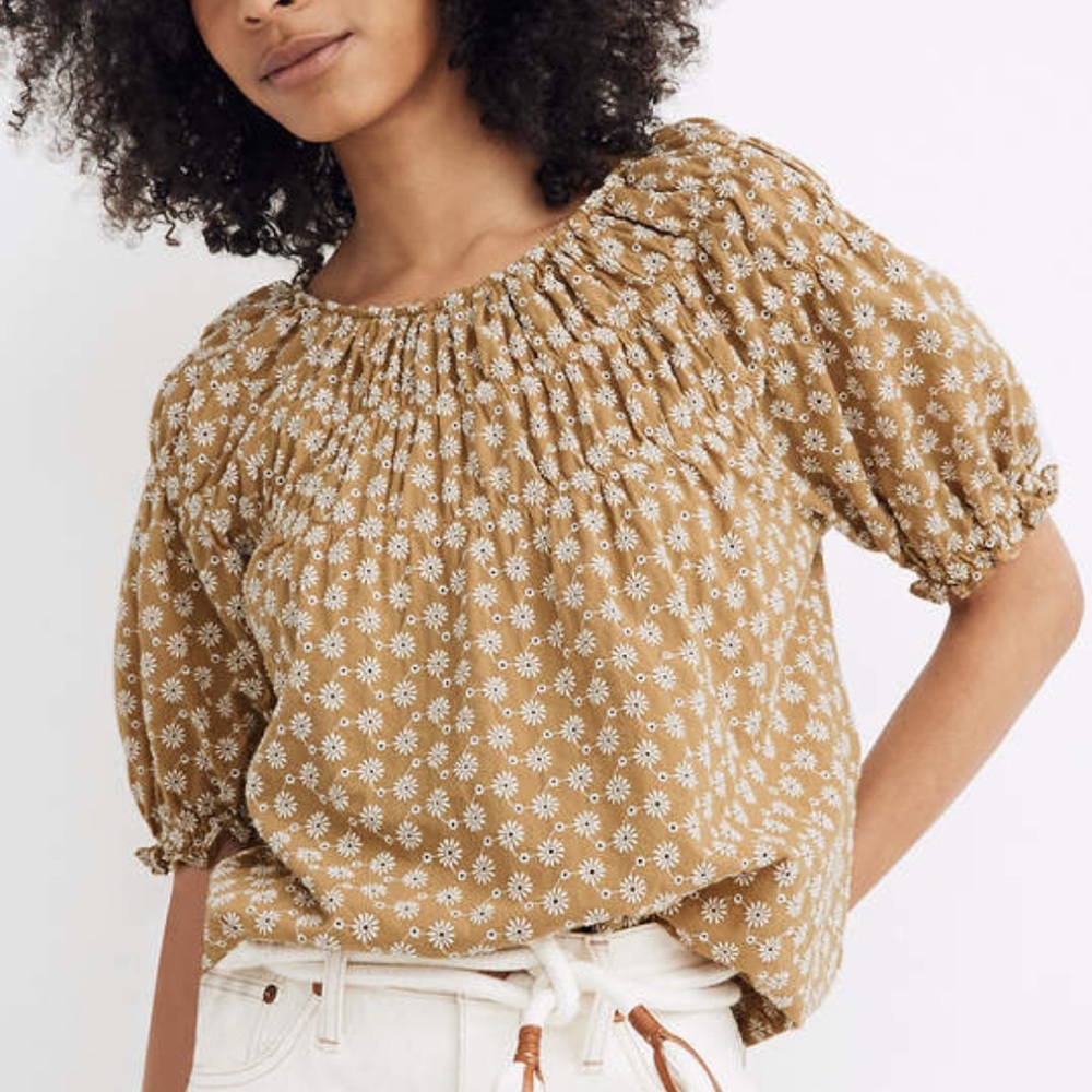 Madewell daisy shirred embroidered top M